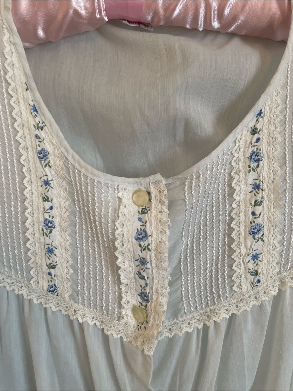 Gaymode Pale Blue Cotton House Dress with Blue Floral Embroidery Button Front L